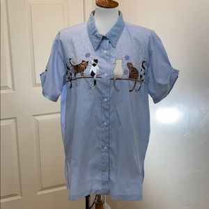 Cat Themed Embroidery Blue Striped S/S Button Up Side Slits Large Vintage